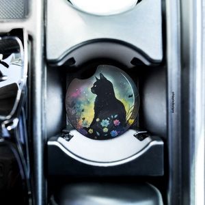 Floral Black Cat Car Coaster 2 Pack | Car Accessories